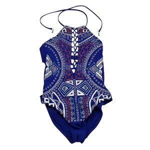 Trina Turk Blue Jakarta Embroidered Hi Neck One Piece Swimsuit Women's Size 4